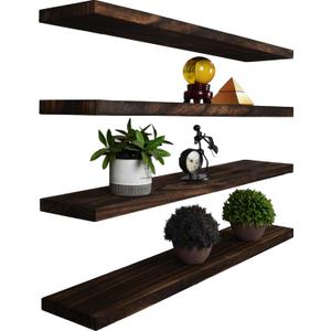 Wood Floating Shelves for Wall Decor, Rustic Wall Shelves for Bedroom Bathroom Kitchen Living Room, Set of 4 Walnut 36 Inch