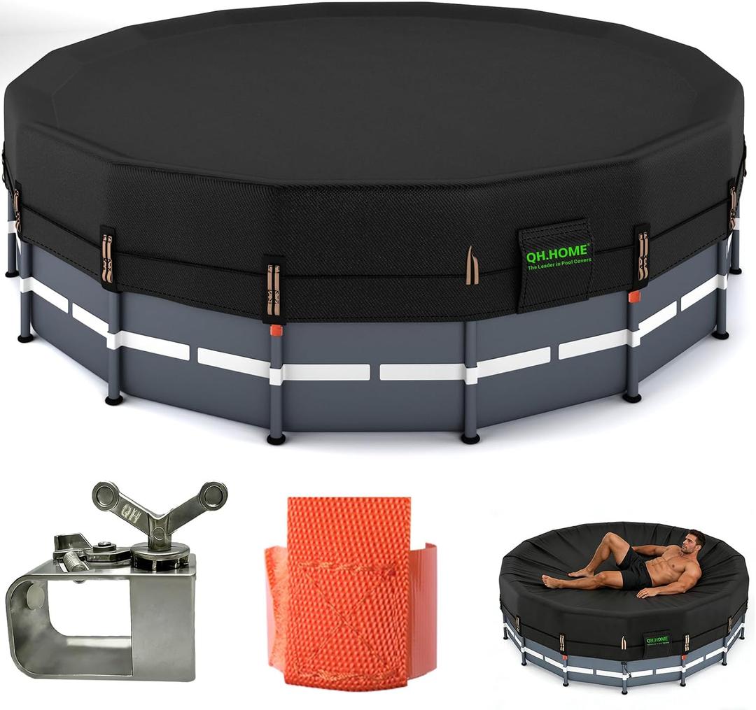 QH.HOME 550D Pool Cover 24 ft Round Above Ground [Upgraded Tear Resistant & Quadruple Windproof] wth Pre-Installed Patented Winch and Rope-Snug Fit & Waterproof Protection