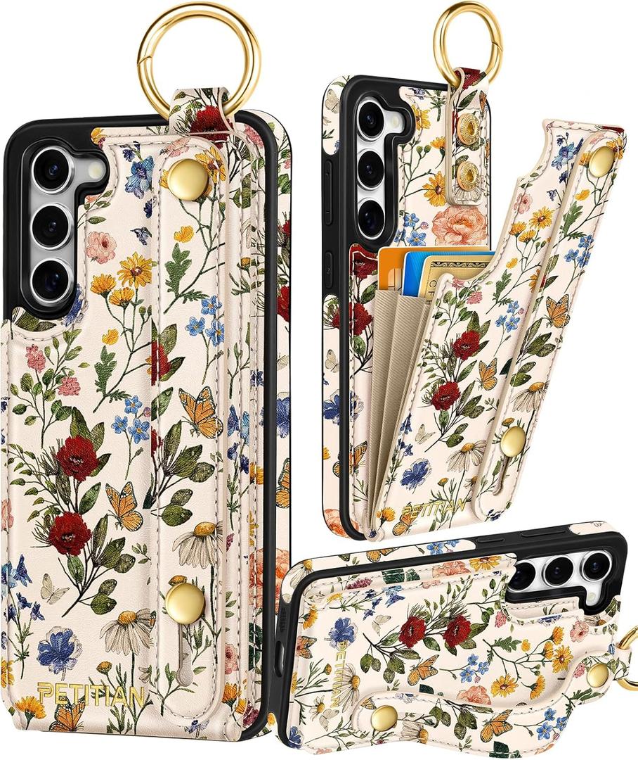 Petitian for Samsung Galaxy S23 Plus Case with Wallet - Women Girls Cute Girly Aesthetic Unique Design Leather Credit Card Holder Cardholder Stand Wristband for S23 Plus, Vin Flower