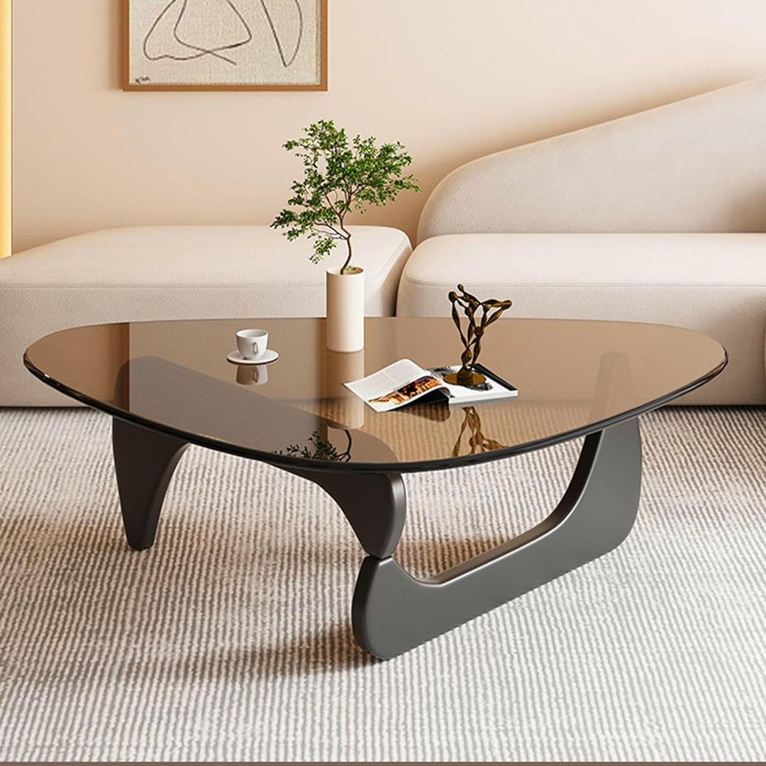 Mid-Century Modern Coffee Table - Triangle Glass Top Natural Wood Base Triangle Coffee Table for Living Room Patio Office Abstract End Tables (Black/Brown, Medium 35.8 * 25.5 * 16in)
