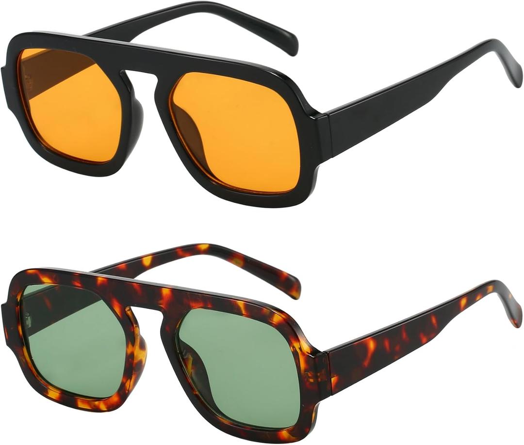 Trendy Square Aviator Sunglasses for Women Flat Top Designer Stylish Frame Sun Glasses Vintage Shades ((2 Pack) Black/Orange+tortoise/Green)