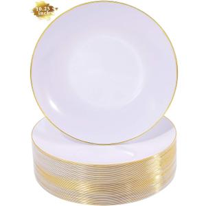 Nervure 100 Pieces Gold Plastic Plates - 10.25 inch Gold Dinner Plates - Heavyweight White and Gold Disposable Plates Ideal for Wedding & Party & Father's Day & Christmas