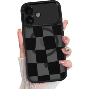 KANGHAR for iPhone 16 Case Checkered Matte Aesthetic Cute Pattern Magnetic [Compatible with Magsafe] Wide Lens Shockproof Full Body Protection for Girls Women -Black