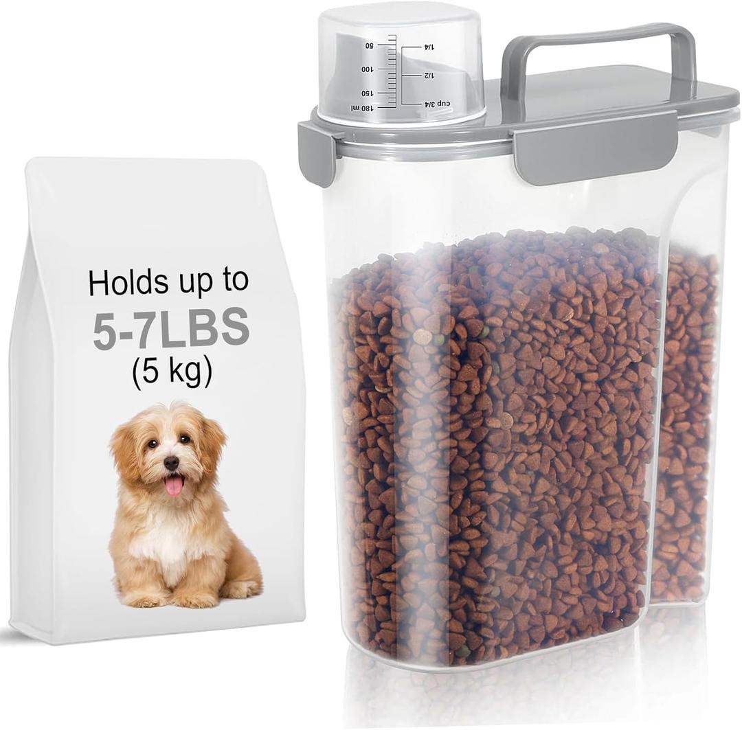 LEAWALK 5-7Lbs Dog Cat Food Storage Container with Upgraded Large Nozzle BPA-free, 4 Snap Seals Plastic Pet Food Storage Containers with Handles (Light Gray, 5L-1pack)