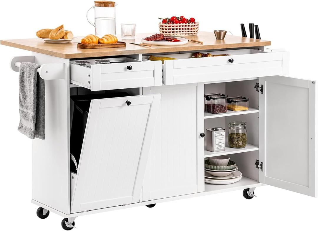 VEVOR Kitchen Island Cart with Storage, 60in Wide Mobile Kitchen Cart with Wheels, Drop Leaf, 2 Drawers, Trash Can Cabinet, Knife Holder, Spice Rack, and Towel Rack, Table for Dining Room, Pantry, 60.24"D x 27.56"W x 35.43"H