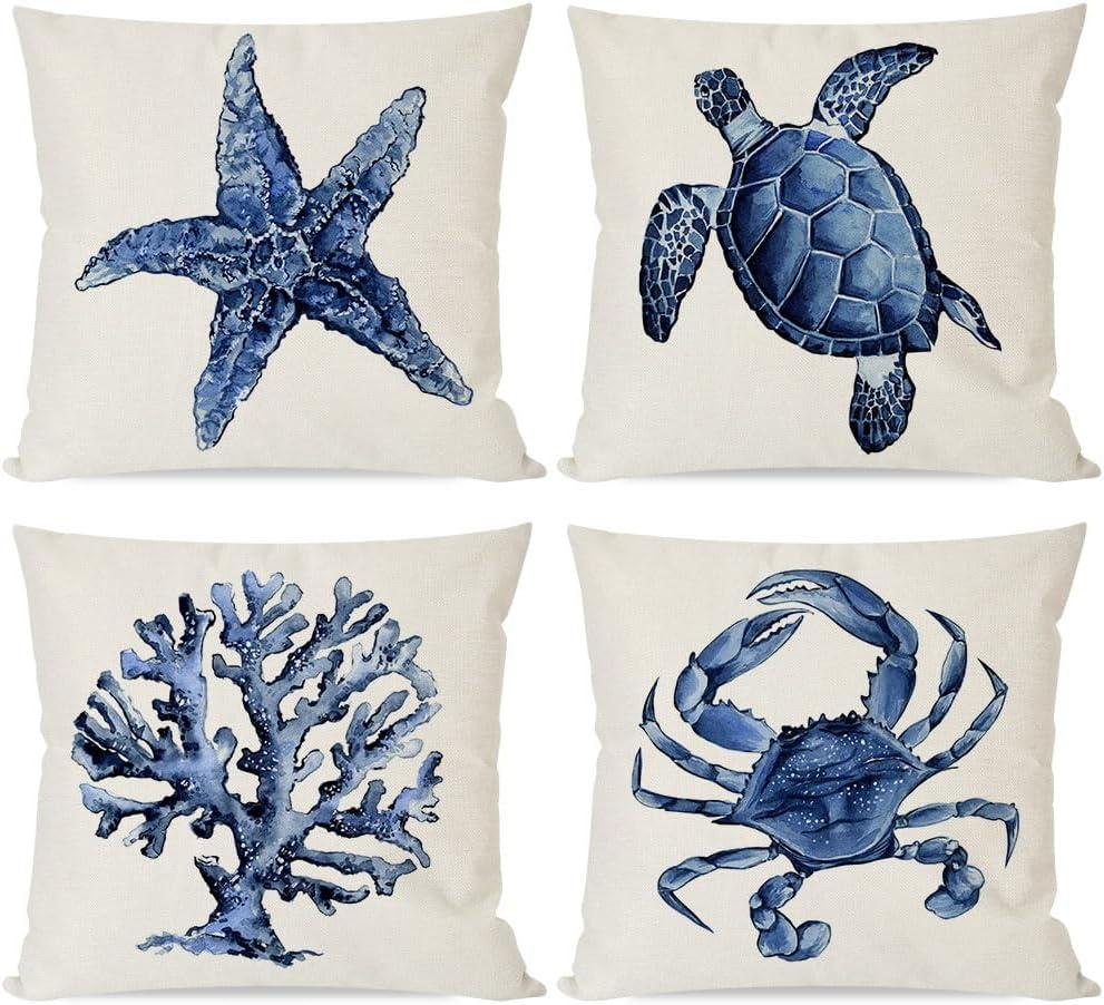 Sea Life Coastal Throw Pillow Covers 20x20 Inch Starfish Turtle Crab Coral Indigo Blue Summer Beach Ocean Nautical Outdoor Decorations Decorative Throw Pillows Cases Set of 4 for Couch Decor
