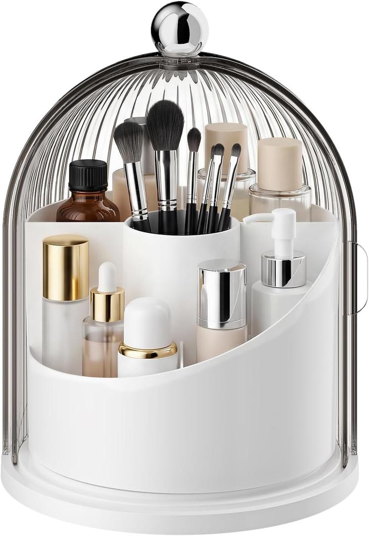 Makeup Brush Holder with Lid, 360° Rotating Cosmetic Organizer for Vanity