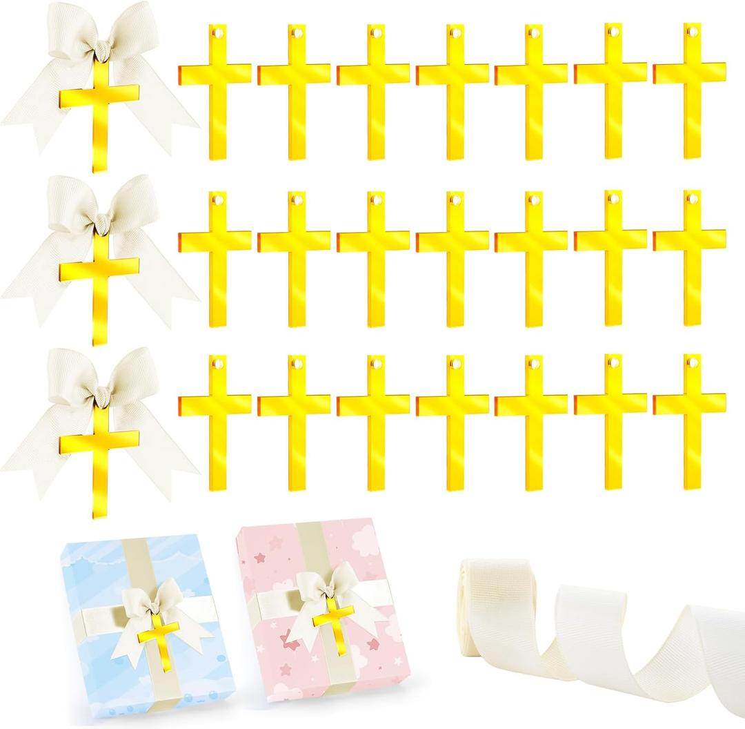24 Pcs Baptism Acrylic Cross Tags Baptism Favors Cross with White Ribbon Gold Acrylic Cross Gift Bow Tag for Holy Water Bottles Decor, Birthday, Baby Shower, Christian Decor