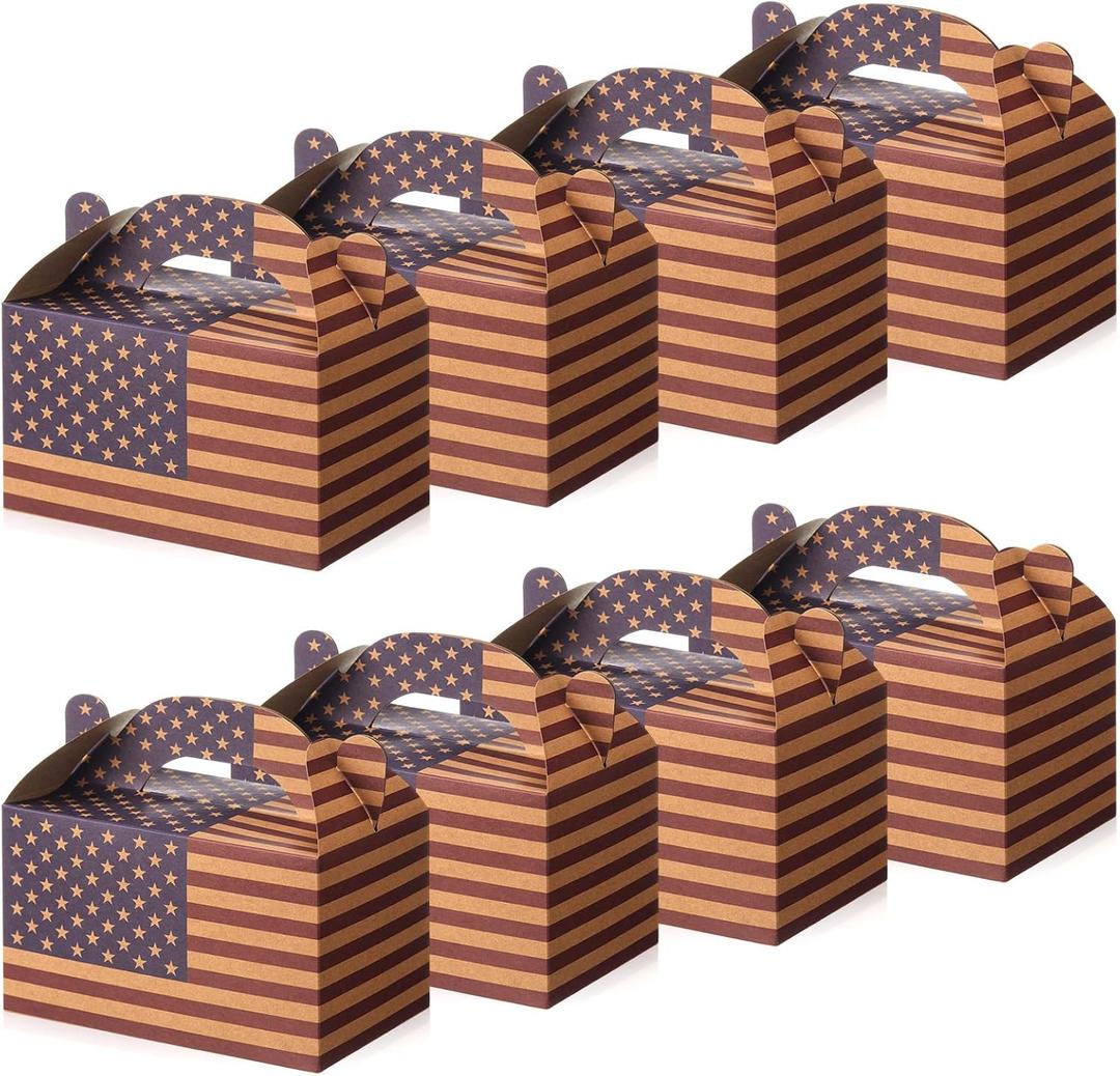 Colarr 48 Pcs 4th of July Treat Boxes Patriotic American Flag Prints Goodie Boxes with Handles 250th Anniversary Kraft Paper Cookie Box Candy Party Favor Box for Independence Day Celebration
