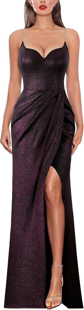VFSHOW Womens Sexy Formal Ruched Fitted High Slit Bodycon Maxi Dress Spaghetti Strap Sweetheart Cocktail Prom Evening Gown (Purple, M)