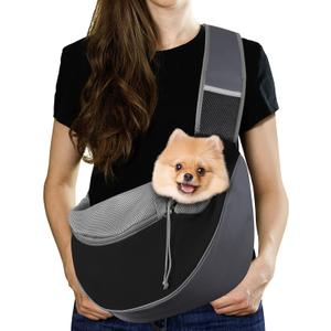 Pawaboo Pet Dog Sling Carrier, Hand Free Drawstring Dog Papoose with Adjustable Strap, Breathable Mesh Bag for Puppy Cat, Crossbody Satchel Dog Purse with Pocket for Outdoor, Dark Gray+Black, Large