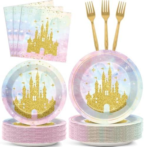Justforjoyful 200Pcs Princess Castle Birthday Party Supplies Watercolor Pastel Rainbow Plates and Napkins Gold Glitter Tableware Set for Fairytale Baby Shower Party Decorations for 50 Guests