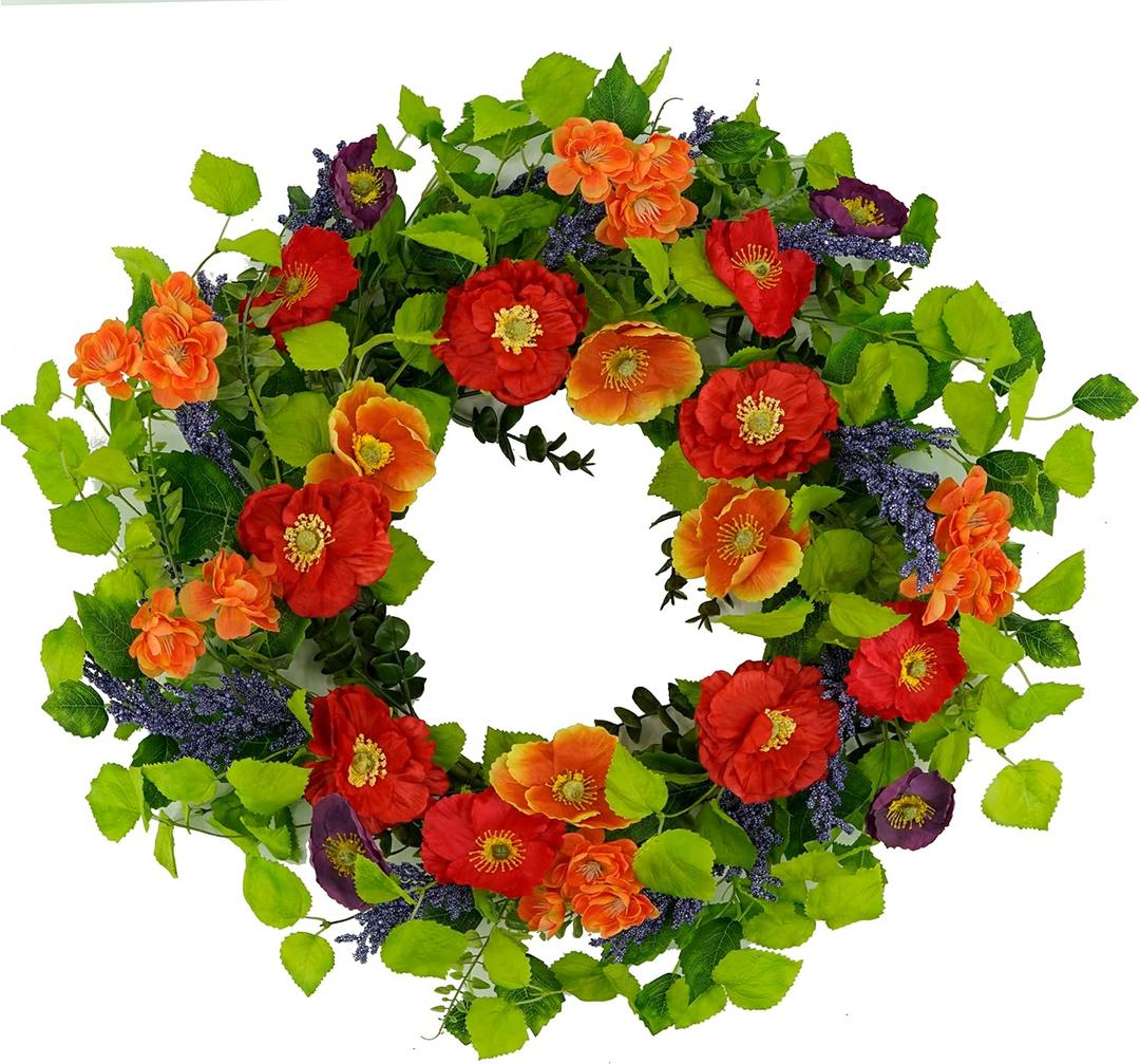 22 inch Artificial Spring Summer Wreaths for Front Door Poppy Wreath with Lavender Ear,Cherry Blossom,for Front Door Indoor Outdoor Home Farmhouse Decor