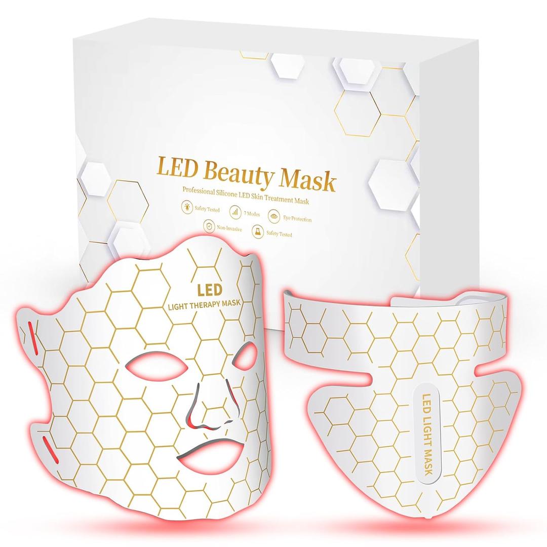 Yahi Red Light Photon Facial & Neck Mask with Remote Control, 7 Custom Modes with Infrared, Portable & Rechargeable with Timer for Home Use, 175 High-Density Light Beads, White