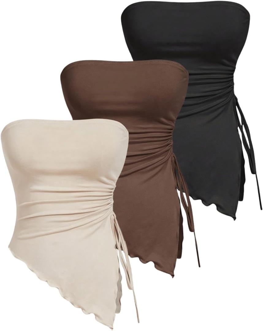 Women's Ruched Split Sleeveless Tube Top Asymmetrical Drawstring Strapless Tops Pack of 3 (Multicolor)