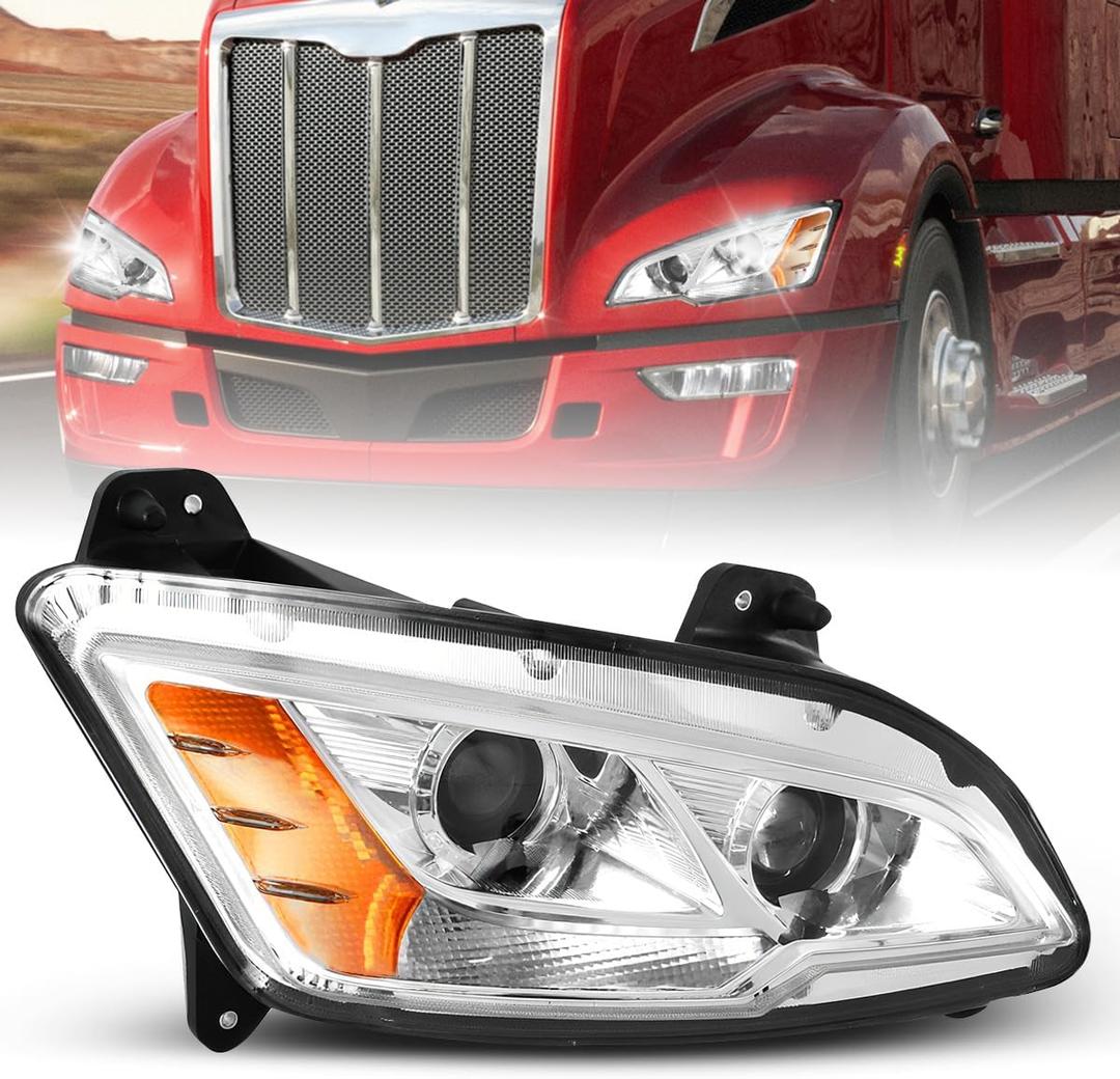 Fit for 2011-2023 Peterbilt 579 587 Class 8 Truck Projector Headlight Headlamp Chrome Housing Assembly (Silver Halogen, Right)