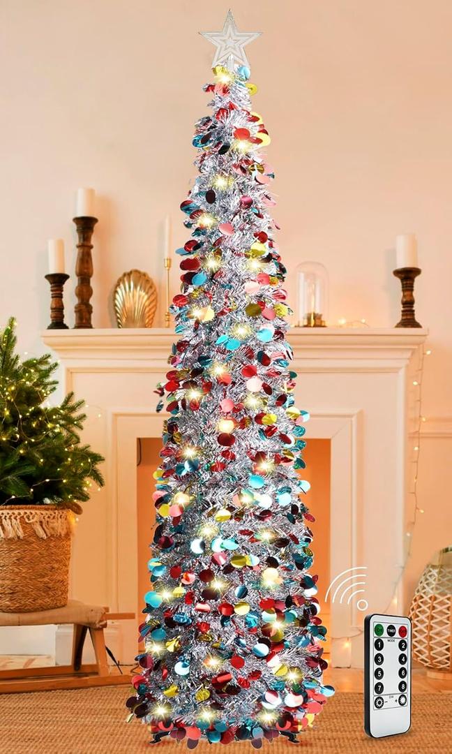 5FT Pop Up Christmas Tinsel Tree with 8 Remote Lights Modes - Collapsible Colorful Sequin Artificial Christmas Pencil Trees Decorations for Home Apartment Party Fireplace Indoor Outdoor