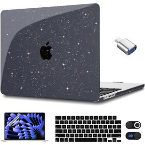 CISSOOK Sparkly Black Star Case for MacBook Air 15 Inch 2025 2024 2023 Model A3241 A3114 A2941, Plastic Glitter Bling Hard Shell Case with Keyboard Cover Screen Protector for MacBook Air 15 M2 M3 M4