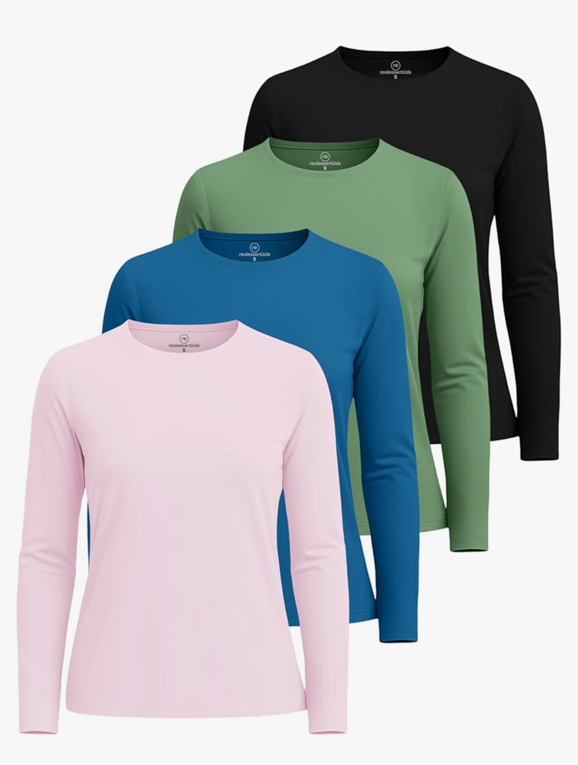 Real Essentials 4 Pack: Women's UPF 50+ Quick Dry Fit Sun Shirts Long Sleeve UV SPF Hiking Top Outdoor L