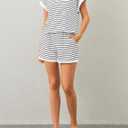 MISSACTIVER 2 Piece Lounge Set Women Stripe Knit Short Sleeve Tee Shirts Shorts Casual Summer Loungewear Shorts Sets (White, M)