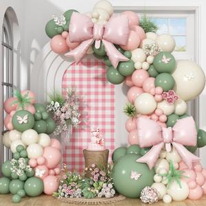 Sage Green Pink Balloon Arch, Pastel Pink Dusty Green Ivory Balloon Garland with Bow Foil Balloons for Girls Wildflower Tea Party Birthday Bridal Baby Shower Wedding Spring Floral Flower Decorations, 18/12/10/5 Inch