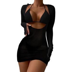 Lilosy Sexy Long Sleeve Mesh Swimsuit 3 Pieces Cover Up Bikini Set, Black, S