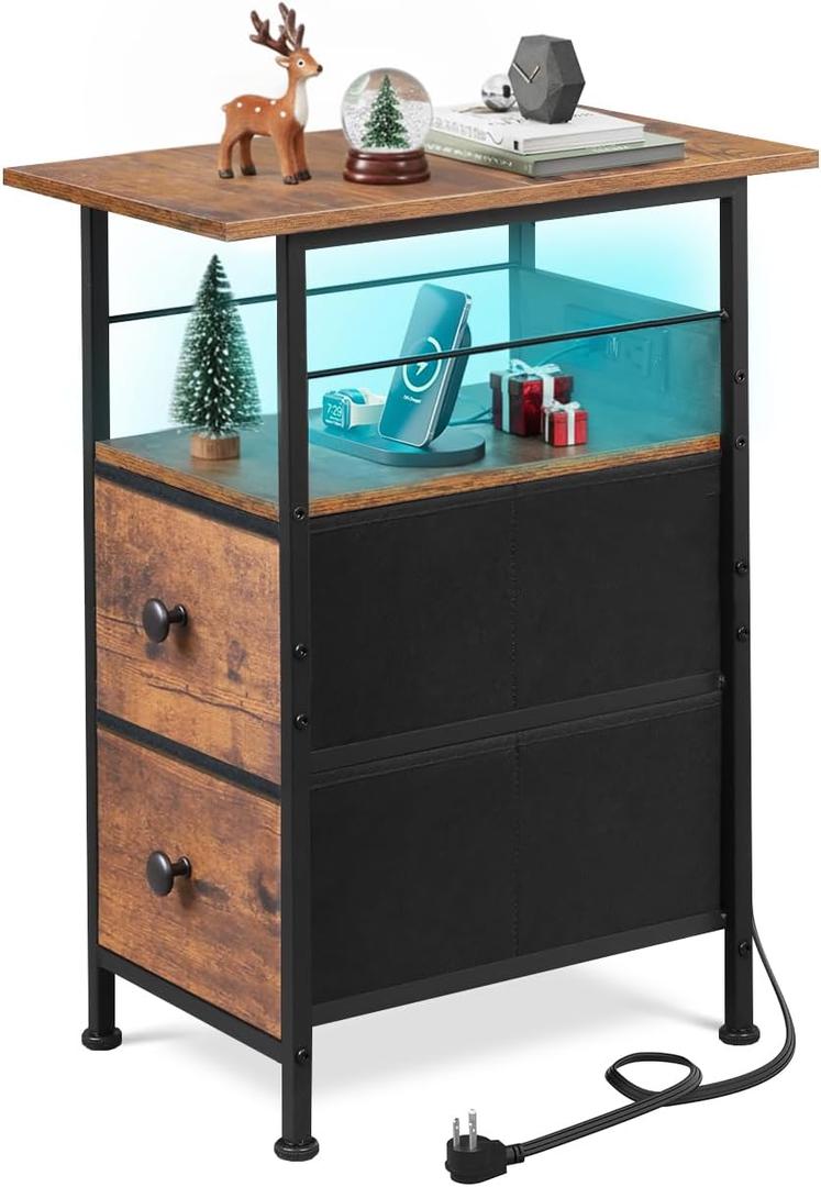 WLIVE Narrow Side Table with Charging Station, End Table with LED Lights,2 Fabric Drawers and Open Shelf, Bed Side Tables Living Room, Small Spaces, Bedroom, Nightstand with Drawers (Rustic Brown Wood Grain Print)