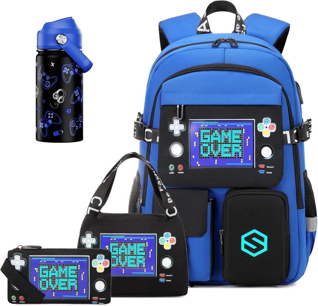 Boys Backpack, Cool Luminous Gamer School Backpacks for Boys with 14oz Insulated Water Bottle Lunch Bag Pencil Case, Kids Backpack Book Bags for Kindergarten Elementary Middle School, Black/Blue  