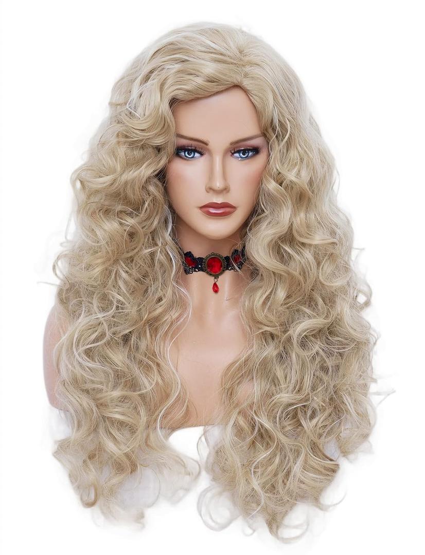 Rugelyss Long Wavy Wigs 28 Inches Natural Beige Mixed Blonde Synthetic Kinky Curly Hair Wig for Women (beige mixed blonde)