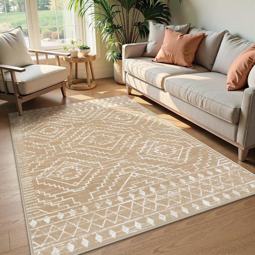 Wonnitar Moroccan Washable Area Rug 4x6, Non-Slip Rugs for Living Room, Boho Bedroom Throw Mat, Geometric Low Pile Floor Carpet for Home Office Mudroom Kitchen (Kakhi,4'x6')