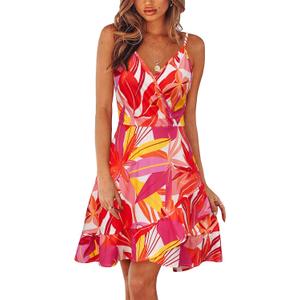 ULTRANICE Summer Dress Womens Spring 2025 Trendy Casual Wrap Flowy V Neck Adjustable Spaghetti Outfits Clothes Midi Sun Dresses(Colorful Banana Leaf,M) (Pink, M)