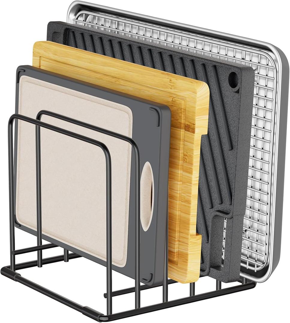 Kitchen Organizer Rack - 5-Slot Heavy-Duty Cutting Board and Bakeware Holder, Rust-Resistant with Anti-Slip Feet for Countertop or Cabinet Storage (BLACK - 1 Pack)