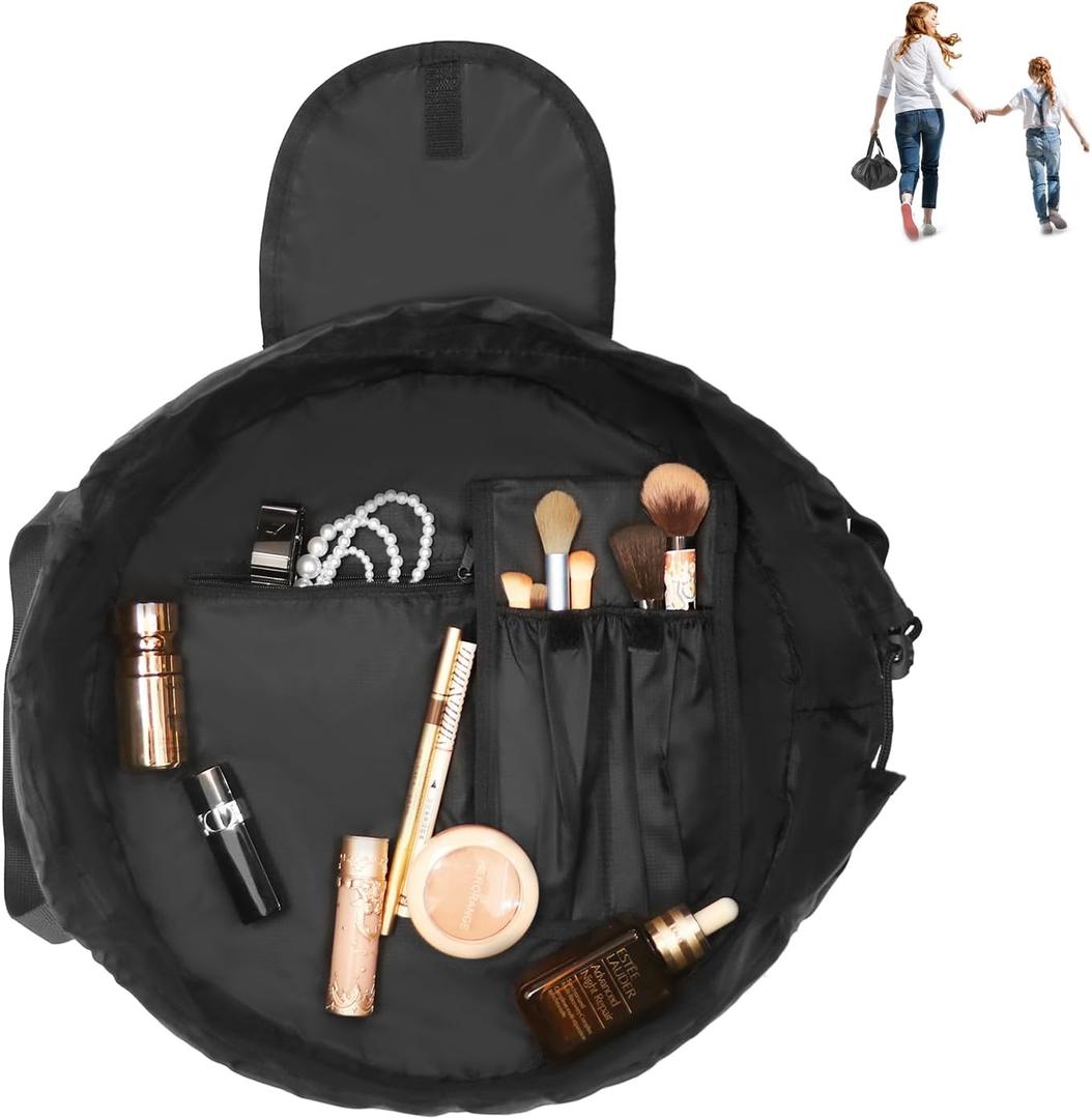 Drawstring Cosmetic Bag for Women - Travel Accessories for Women Travel Make Up Organizer Bag for Toiletry with Brush Area (Black)