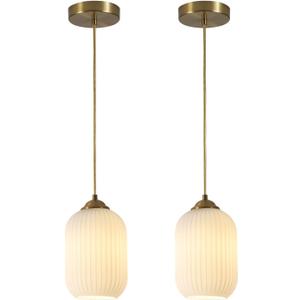 Milk Glass Cylinder Pendant Lights Kitchen Island Small Ribbed Hanging Light Brass Gold Pendant Lighting Fixtures Mid Century Modern Vintage Hanging Lamp (2 Pack)