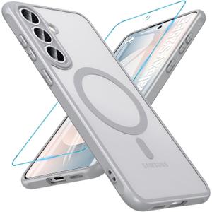 OWKEY for Samsung Galaxy S25 FE Case 6.7'', Magnetic Galaxy S25 FE Case for Magsafe with Tempered Screen Protector [Shockproof Military] Translucent Matte Bumper Phone Cover Samsung S25 FE 5G, Gray