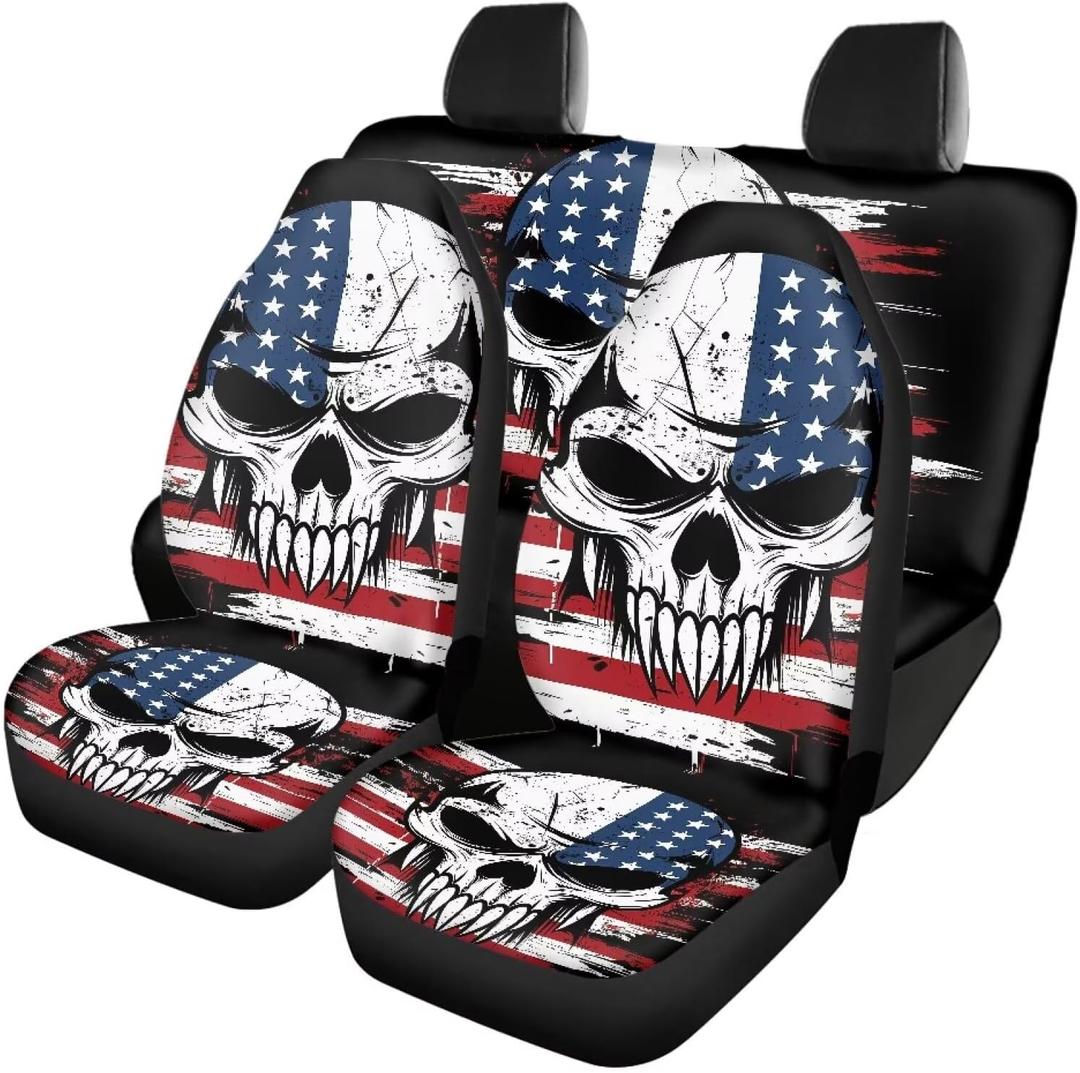 Bulopur Skull Skeleton American Flag Car Seat Covers Set of 4, Vehicle Front Seats and Rear Bench Cover Universal Fit for Cars Trucks SUVs, Black