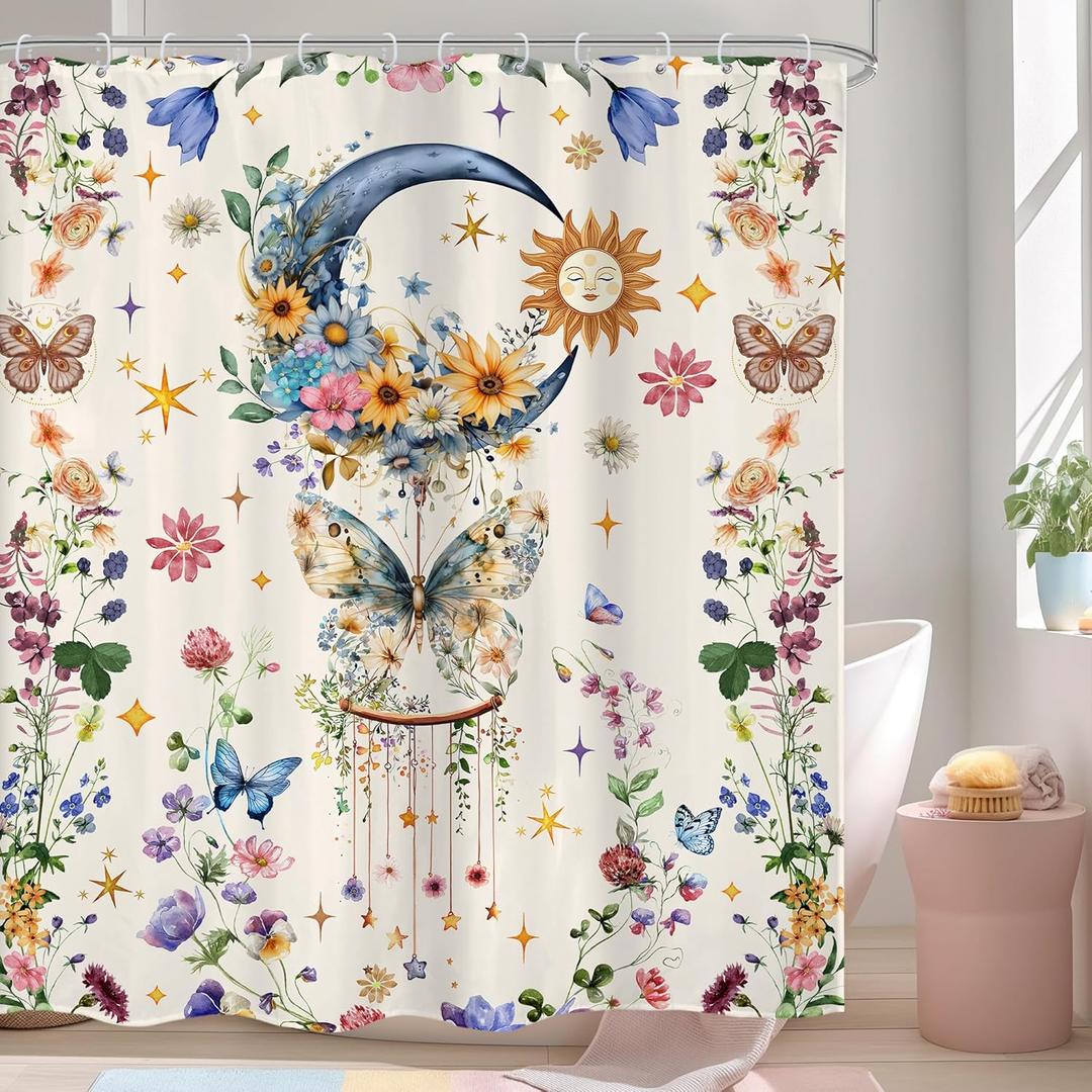 LIGHTINHOME Boho Butterfly Moon Shower Curtain 60Wx72H Inches Vintage Floral Witchy Sun BohemianBlossom Colorful Mystic Botanical Cloth Fabric Waterproof Polyester Bathroom Home Decor Set with Hooks (Yellow Blue)
