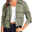 Women's Military Safari Cropped Jackets Button Down Lightweight Oversized Utility Anorak Coat with Pockets, L