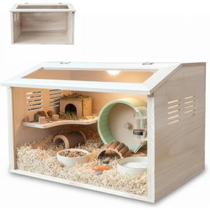 Wooden Hamster Cage Chewproof, Large Hamster Cages and Habitats, Small Animal Habitat with Openable Acrylic Sheet for Gerbil, Degus Mice, Guinea Pig, Rat& Other Small Pets（24in）