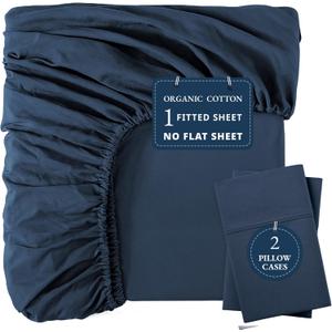 LANE LINEN 100% Organic Cotton Twin Fitted Sheet, 2-Piece Set (1 Fitted Sheet, 1 Pillowcase), Percale Weave, Lightweight, Soft, Breathable, Fits Mattress Upto 15' Deep - Estate Blue (No Flat Sheet)