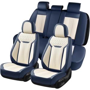 Coverado Seat Covers Full Set, Car Seat Covers Waterproof, Luxury Leather Seat Cover for Cars, Front Seats and Back Seat Cover, Car Seat Cushion, Car Seat Protector Universal Fit Most Cars,Blue&White