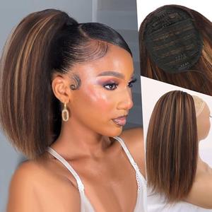 LEOSA Ponytail Extension Short Kinky Straight Ponytails Highlighted Yaki Drawstring Ponytail for Black Women Ombre Dark Brown Pony Tails Hair Extensions Synthetic Hairpiece for Daily Use