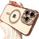 BANAILOA Design for iPhone 15 Pro Max Case Compatible with Magsafe,Bling Rhinestones Glitter Clear Case Magnetic with Camera Lens Cover Protective Slim Phone Cover (6.7 inch)-Gold