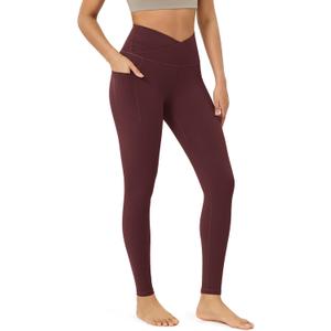 ODODOS Women's Cross Waist Full Length Yoga Leggings with Pockets, Inseam 28" Gathered Crossover Workout Yoga Pants, Burgundy, X-Small