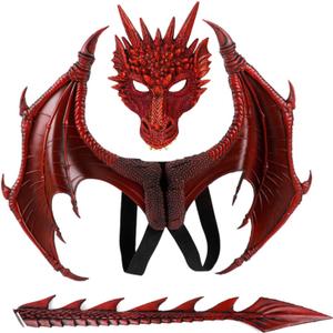 Alodidae Dragon Costumes Set Devil Wings Demon Tail Dino Mask for Halloween Masquerade Party Cosplay (Red)