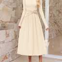 MEROKEETY Women's 2025 Fall Long Sleeve Midi Dress Elegant Boat Neck Ruched Swing Cocktail Party Dresses (Beige, S)