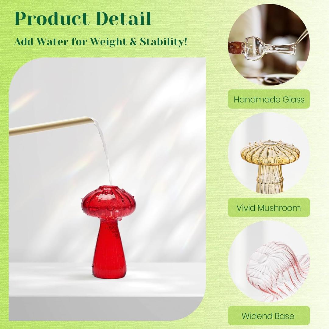 Hewory Glass Mushroom Vase for Flowers, 4pcs Colored Small Bud Flower Vases Unique, Mushroom Propagation Hydroponic Vases, Funky Cottagecore Decor for Home Room Kitchen Office Windowsill Decorations