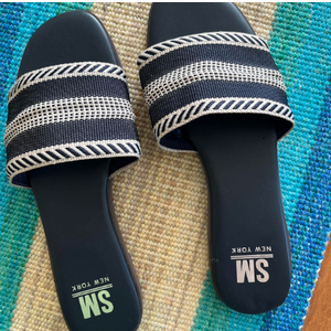 SM New York Navy And White Striped Sandals, Size 9