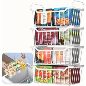 Goovilla Freezer Organizer Bins with Foldable Handle, 4 Pack Stackable Freezer Baskets for 3.5-7 Cu.FT Deep Chest Freezer Organization, White Metal Freezer Storage Bins with Better Space Utilization