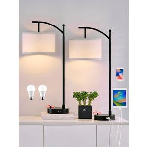 Table Lamp for Living Room Bedroom, 23.5" Table Lamps Set of 2 with USB C+A Ports, Bedside Lamps for Nightstand with Linen Lamp Shades, 2 Dimmable LED Bulbs Included, Black